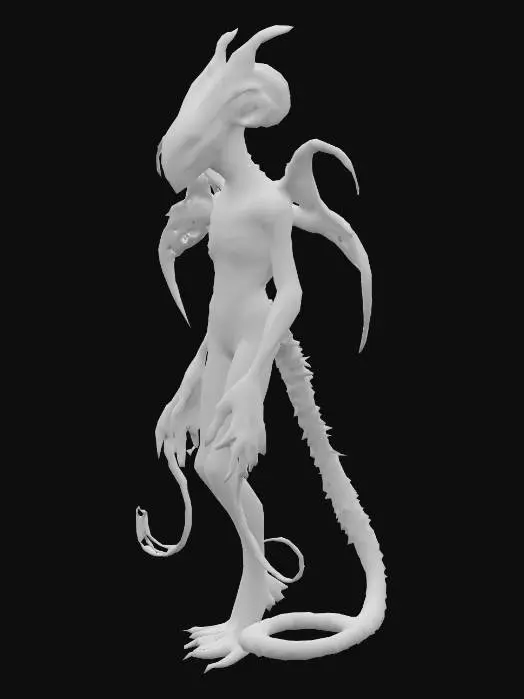 3D model for Aethercoil
A serpentine alien made entirely of twisting, ribbon-like strands of energy and muscle. Its head is elongated and mask-like, with no mouth, only a shifting field of shimmering patterns where its face should be. Four wing-like appendages extend from its midsection, each made of woven tendrils that glow faintly blue. Its body coils and uncoils with hypnotic grace, leaving behind rippling distortions in the air. Segments along its length glow brighter when it senses danger, and it emits an eerie, harmonic hum.