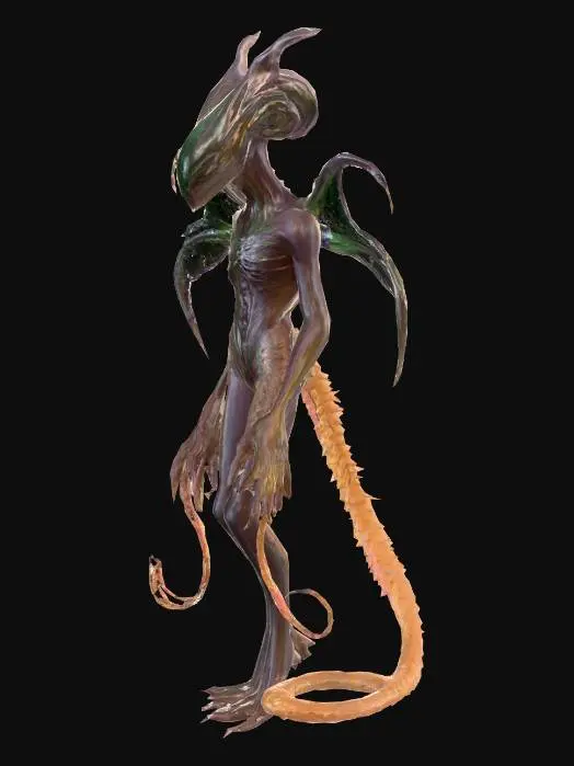 3D model for Aethercoil
A serpentine alien made entirely of twisting, ribbon-like strands of energy and muscle. Its head is elongated and mask-like, with no mouth, only a shifting field of shimmering patterns where its face should be. Four wing-like appendages extend from its midsection, each made of woven tendrils that glow faintly blue. Its body coils and uncoils with hypnotic grace, leaving behind rippling distortions in the air. Segments along its length glow brighter when it senses danger, and it emits an eerie, harmonic hum.