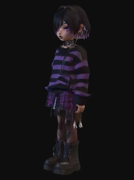 3D model for Lira Nocturne
Small, androgynous figure with short choppy hair dyed black with lavender tips. Oversized striped sweater hangs off one shoulder, layered with fishnet. Wears a tattered plaid skirt over ripped leggings, each leg patterned differently. Neck adorned with a black ribbon choker and tiny silver razor charm. Heavy boots with writing scrawled in white paint. Carries an old MP3 player, always with headphones tangled in their pocket. Soft but sad gaze, with smudged mascara from crying.