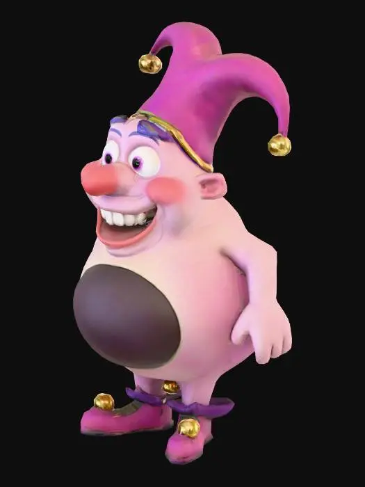 3D model for  Gigglegut
A plump, jester-like creature with a perfectly round belly and tiny feet. His head is oversized, with bright Pixar-style eyes and a mouth full of tiny, uneven teeth. His laugh is loud and bouncy, but the inside of his mouth seems to go on forever — a swirling black void. His jingle bells rattle even when he’s not moving.