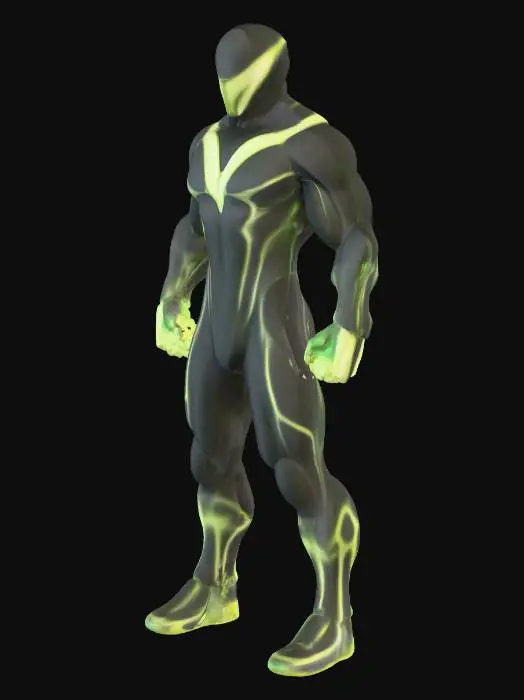 3D model for Voltstrike
A sleek, athletic hero in a black bodysuit with neon yellow lightning patterns that pulse with energy. Helmet is aerodynamic with a tinted visor shaped like a sharp V. Gauntlets crackle with electricity, leaving arcs in the air when he moves. Boots have small thruster vents for short bursts of speed.