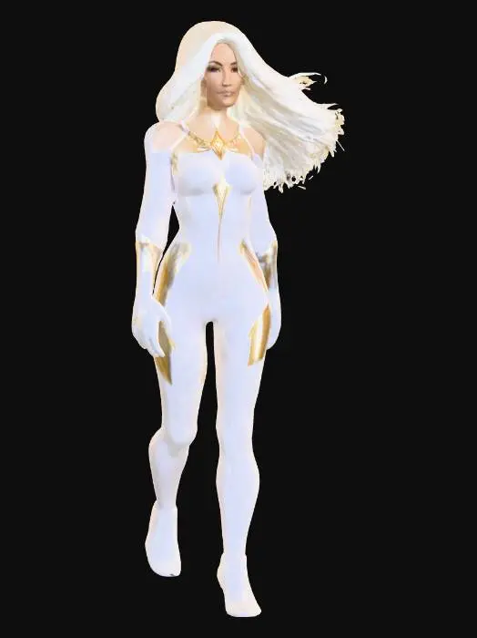 3D model for Luminary
A radiant hero glowing with golden-white light. Bodysuit is pure white with gold geometric designs. No helmet — instead, their hair flows upward like flames made of pure light. Wears an ornate chest emblem shaped like a sunburst. Every step leaves a soft glow in the air.