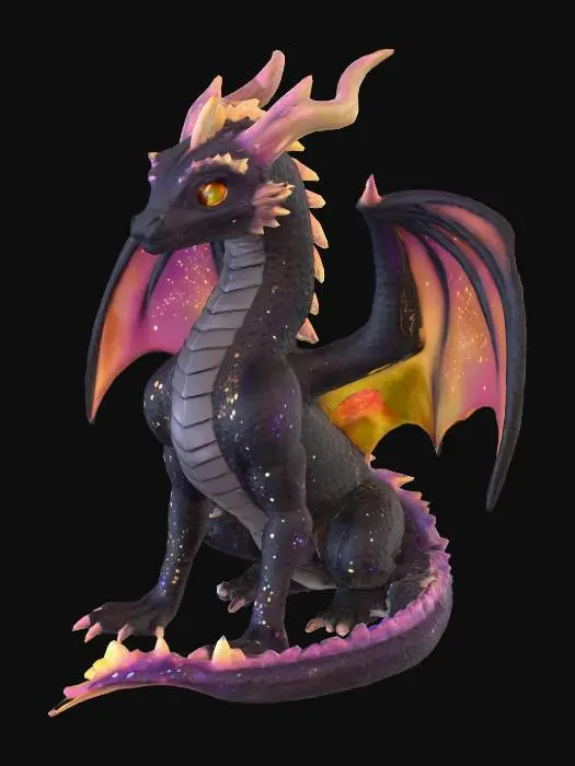 3D model for Starflame
A cosmic dragon with shimmering black scales dotted like a starfield. Horns and spines glow like constellations, and its wings ripple with galaxy patterns. Breath weapon is a beam of searing starlight. Its eyes swirl like miniature galaxies