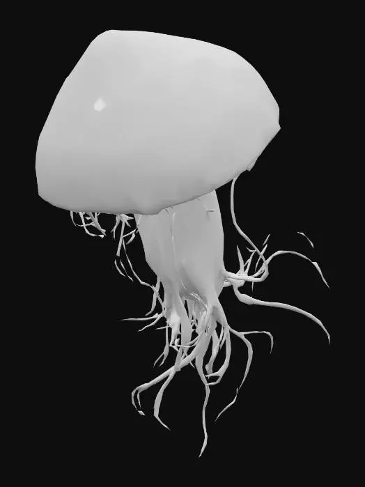 3D model for Umbrelleech
A parasitic, jellyfish-like alien with a floating, semi-transparent bell-shaped body streaked with black and purple veins. Dozens of thin, ribbon-like tentacles trail beneath, each lined with tiny, luminescent barbs. Its “face” is a distorted cluster of multiple mouths arranged in a spiral, ringed with twitching sensory cilia. Small bioluminescent spots pulse in rhythmic patterns across its bell, communicating to others of its kind. The entire body constantly drips a viscous, black ichor that smokes faintly when it touches surfaces. It moves by pulsing its bell, drifting silently through air or liquid.