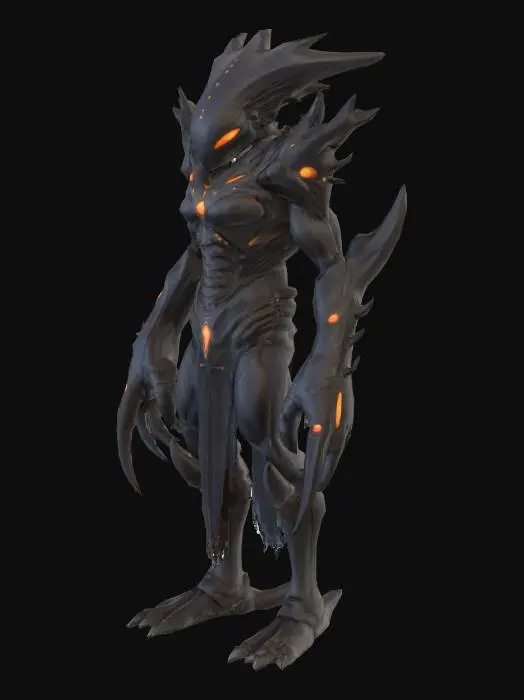 3D model for Korrith Sentinel
A towering alien soldier clad in organic armor grown directly from its body. Plates of matte black chitin overlap like medieval armor, with ridges and runes carved directly into the surface. Its head is triangular and elongated, with six small glowing orange eyes arranged in two vertical lines. A row of sharp, protruding spines runs from the top of its skull down its back. Its forearms have grown into massive, blade-like appendages with serrated edges. Under its armor, faint seams reveal a molten glow, as if magma courses beneath its skin.