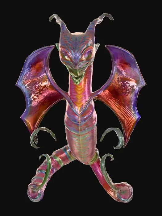 3D model for Aethercoil
A serpentine alien made entirely of twisting, ribbon-like strands of energy and muscle. Its head is elongated and mask-like, with no mouth, only a shifting field of shimmering patterns where its face should be. Four wing-like appendages extend from its midsection, each made of woven tendrils that glow faintly blue. Its body coils and uncoils with hypnotic grace, leaving behind rippling distortions in the air. Segments along its length glow brighter when it senses danger, and it emits an eerie, harmonic hum.