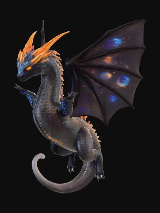 3D model for Starflame
A cosmic dragon with shimmering black scales dotted like a starfield. Horns and spines glow like constellations, and its wings ripple with galaxy patterns. Breath weapon is a beam of searing starlight. Its eyes swirl like miniature galaxies