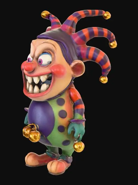 3D model for  Gigglegut
A plump, jester-like creature with a perfectly round belly and tiny feet. His head is oversized, with bright Pixar-style eyes and a mouth full of tiny, uneven teeth. His laugh is loud and bouncy, but the inside of his mouth seems to go on forever — a swirling black void. His jingle bells rattle even when he’s not moving.