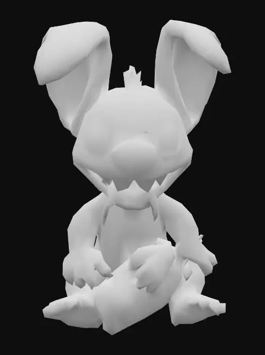 3D model for 
Stitchy the Bunny
A plush toy rabbit with big floppy ears and overstuffed cheeks, one ear always hanging over a button eye. His stitching is loose, revealing dark, writhing shapes inside. Cute, oversized buck teeth are chipped and bloodstained. He drags a tiny toy carrot, but the carrot is cracked open, leaking red stuffing that moves on its own.