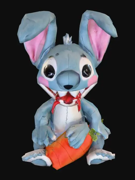 3D model for 
Stitchy the Bunny
A plush toy rabbit with big floppy ears and overstuffed cheeks, one ear always hanging over a button eye. His stitching is loose, revealing dark, writhing shapes inside. Cute, oversized buck teeth are chipped and bloodstained. He drags a tiny toy carrot, but the carrot is cracked open, leaking red stuffing that moves on its own.