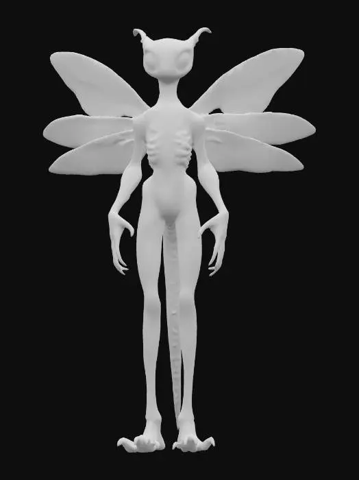 3D model for Siltfeather
A fragile, bird-like alien with four delicate, translucent wings resembling dragonfly wings dusted with iridescent powder. Its head is narrow and beakless, with large, glossy black eyes that dominate most of its face. The skin is pale silver, with feather-like strands of hair forming a mane along the neck and shoulders. Its hands are long and elegant, with clawed fingertips that curve like hooks. The legs are thin and digitigrade, ending in needle-like talons. As it moves, trails of glowing dust fall from its wings, lingering in the air like drifting embers.