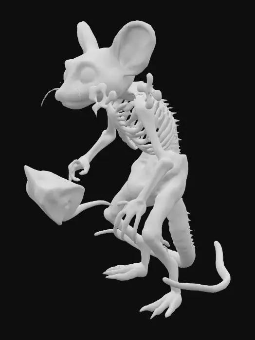 3D model for Skivver
	•	Style: Half-melted rat kid with patchy fur and skeletal limbs
	•	Accessory: Glowing cheese wedge (haunted)
	•	Sigil: X-bone sigil on shoulder
	•	Vibe: Scrappy and doomed
