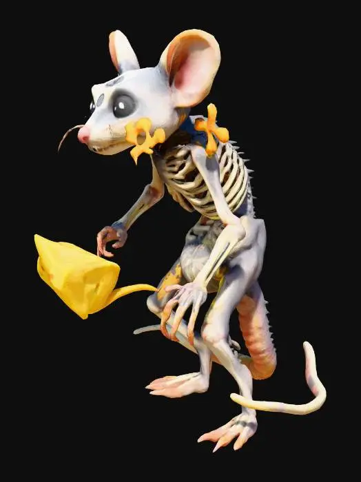 3D model for Skivver
	•	Style: Half-melted rat kid with patchy fur and skeletal limbs
	•	Accessory: Glowing cheese wedge (haunted)
	•	Sigil: X-bone sigil on shoulder
	•	Vibe: Scrappy and doomed
