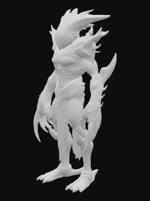 3D model for Korrith Sentinel
A towering alien soldier clad in organic armor grown directly from its body. Plates of matte black chitin overlap like medieval armor, with ridges and runes carved directly into the surface. Its head is triangular and elongated, with six small glowing orange eyes arranged in two vertical lines. A row of sharp, protruding spines runs from the top of its skull down its back. Its forearms have grown into massive, blade-like appendages with serrated edges. Under its armor, faint seams reveal a molten glow, as if magma courses beneath its skin.