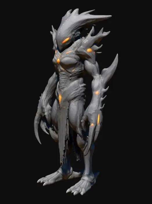 3D model for Korrith Sentinel
A towering alien soldier clad in organic armor grown directly from its body. Plates of matte black chitin overlap like medieval armor, with ridges and runes carved directly into the surface. Its head is triangular and elongated, with six small glowing orange eyes arranged in two vertical lines. A row of sharp, protruding spines runs from the top of its skull down its back. Its forearms have grown into massive, blade-like appendages with serrated edges. Under its armor, faint seams reveal a molten glow, as if magma courses beneath its skin.