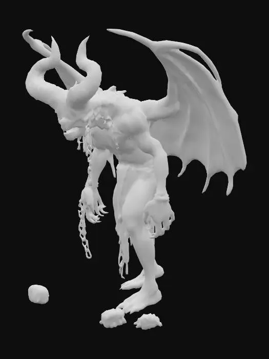 3D model for A terrifying demon stands in a hellish, smoky landscape. It has an elongated skull, deep-set glowing red eyes, a wide mouth with jagged fangs, and two massive, twisted ram horns cracked and scarred. Its skin is rough, resembling cracked volcanic stone with faint ember-like light in the crevices. The demon is muscular, hunched, with a bony spine ridge, long arms ending in sharp taloned claws. Tattered bat wings jut from its back, and digitigrade legs with cloven hooves support it. Chains wrap its arms and horns, skulls hang from its waist, and a barbed tail coils behind. Dramatic lighting, horror style. make it 4k