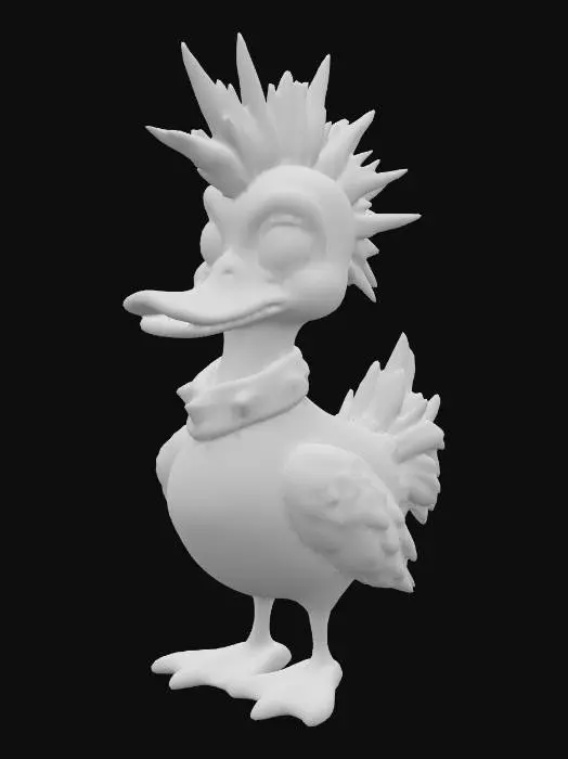 3D model for 
#3 – The Punk One
A spiky-feathered emo duck with purple streaks covering one eye, a studded collar, and a rebellious glare. Neon highlights, sharp edgy look.