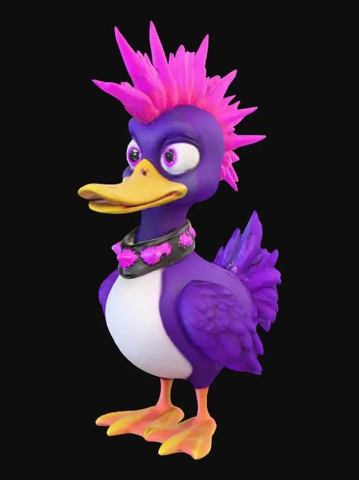 3D model for 
#3 – The Punk One
A spiky-feathered emo duck with purple streaks covering one eye, a studded collar, and a rebellious glare. Neon highlights, sharp edgy look.