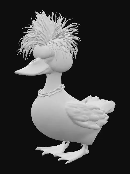 3D model for Duck #1 – The Moody One
A black emo duck with messy dyed-blue feathers, eyeliner streaks under its eyes, and a silver chain necklace. Dark background, dramatic shadows, emotional vibe.