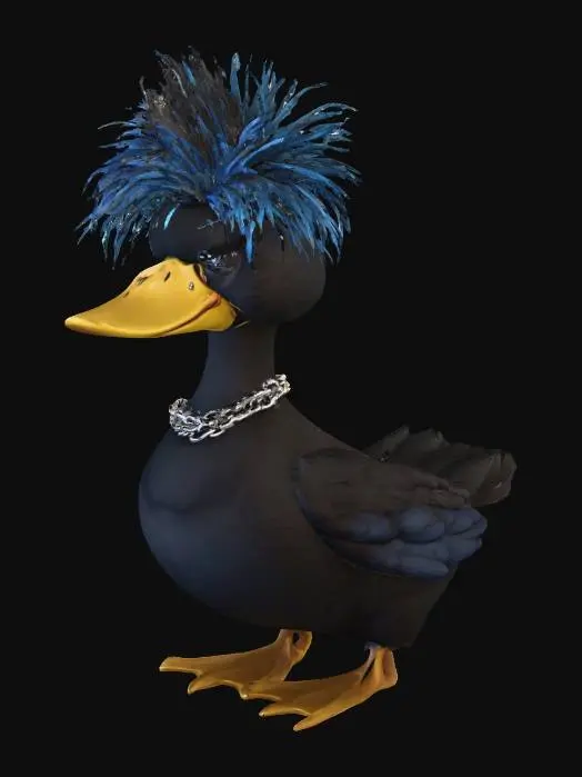 3D model for Duck #1 – The Moody One
A black emo duck with messy dyed-blue feathers, eyeliner streaks under its eyes, and a silver chain necklace. Dark background, dramatic shadows, emotional vibe.