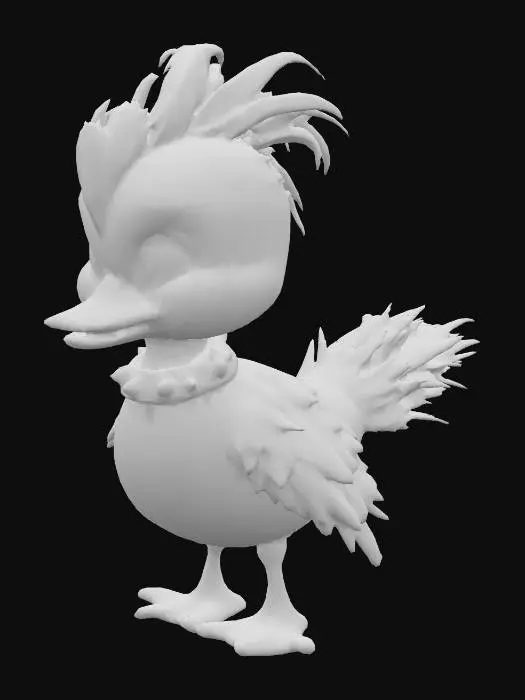 3D model for #3 – The Punk One
A spiky-feathered emo duck with purple streaks covering one eye, a studded collar, and a rebellious glare. Neon highlights, sharp edgy look.