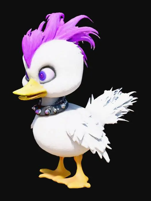 3D model for #3 – The Punk One
A spiky-feathered emo duck with purple streaks covering one eye, a studded collar, and a rebellious glare. Neon highlights, sharp edgy look.