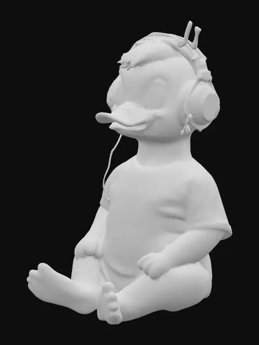 3D model for The Music One
A round emo duck with oversized headphones, a band logo T-shirt, and glowing neon eyes. Sitting in a dark corner, music notes floating around.