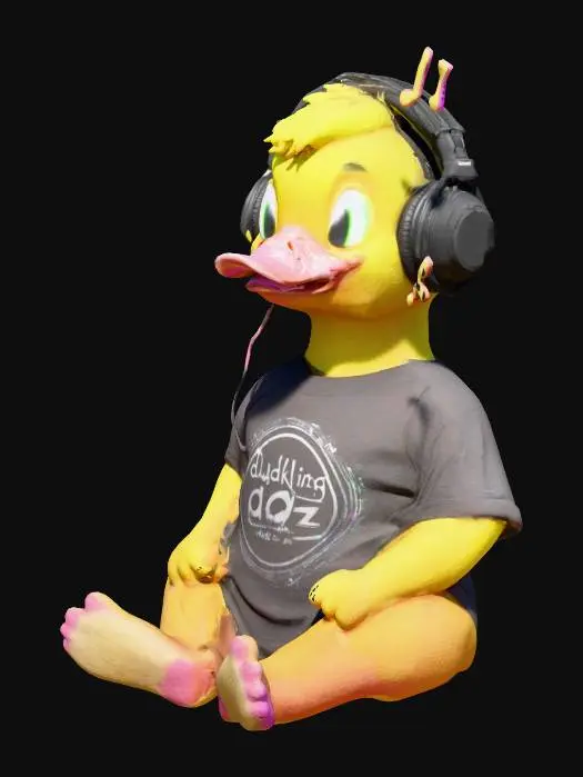 3D model for The Music One
A round emo duck with oversized headphones, a band logo T-shirt, and glowing neon eyes. Sitting in a dark corner, music notes floating around.