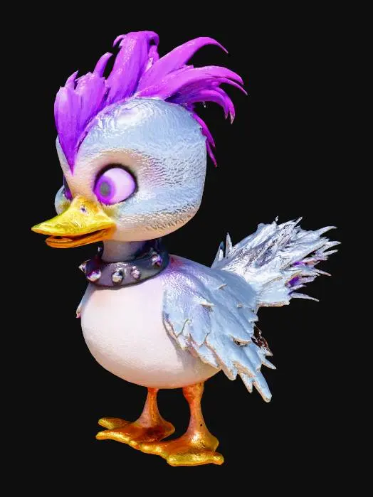 3D model for #3 – The Punk One
A spiky-feathered emo duck with purple streaks covering one eye, a studded collar, and a rebellious glare. Neon highlights, sharp edgy look.