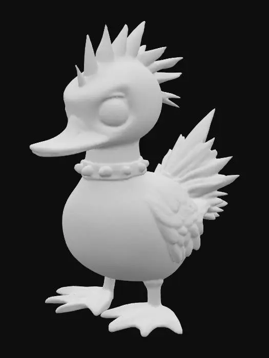 3D model for #3 – The Punk One
A spiky-feathered emo duck with purple streaks covering one eye, a studded collar, and a rebellious glare. Neon highlights, sharp edgy look.
