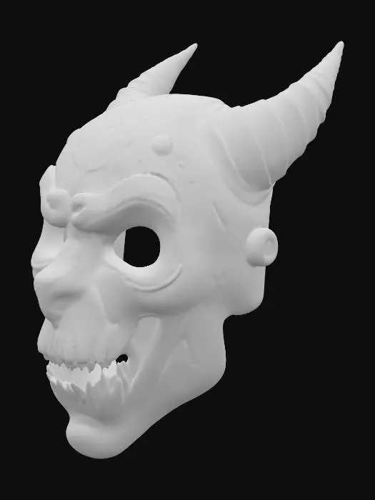 3D model for A demonic Halloween mask with smooth face surface carved with deep glowing runes and symbols. One half of the mask looks melted and warped, the other half smooth and symmetrical. A glowing sigil symbol is engraved on the forehead. Sharp cheekbones, hollow eyes, and open nostrils for breathing. Dark, cursed aesthetic, optimized for 3D printing, solid model.

