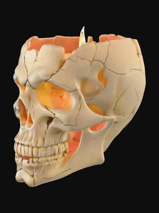 3D model for A gothic candle holder shaped like a cracked human skull, hollowed at the top to hold a candle. Deep eye sockets, broken teeth, and vein-like cracks on the surface. Horror style, solid STL design, optimized for 3D printing.
