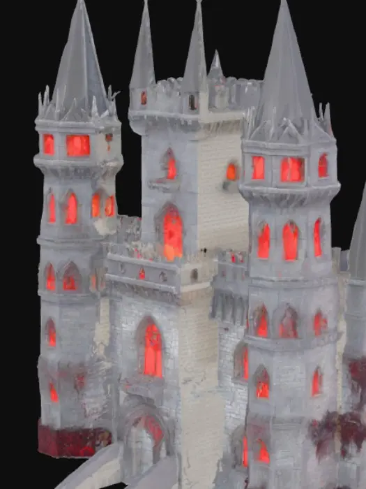 3D model for Dracula’s Haunted Castle

“A massive stone castle on a cliffside, gothic towers covered in bats, glowing red windows, misty graveyard below, storm clouds and lightning in the sky, highly detailed, horror fantasy style”