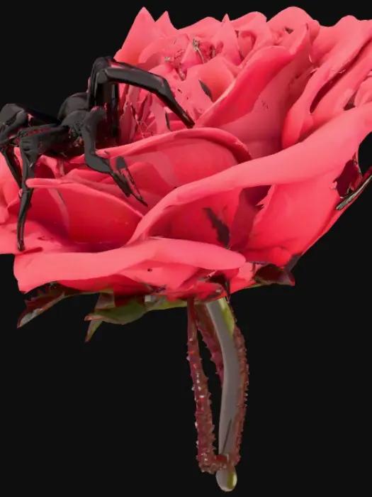 3D model for 🕷️ “Spider Rose”
	•	A rose bloom with a spider crawling across the petals.
	•	The stem doubles as the keyring loop.
	•	Thin web strands etched into the background.
	•	Print in black + silver, or black + red for a creepy romantic feel.