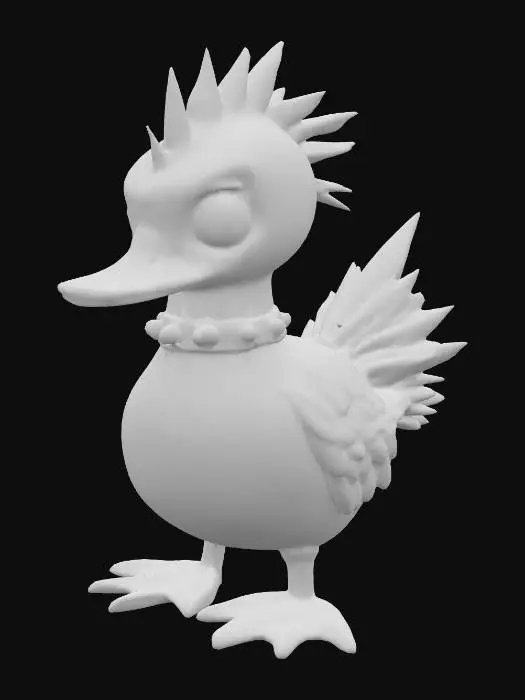 3D model for #3 – The Punk One
A spiky-feathered emo duck with purple streaks covering one eye, a studded collar, and a rebellious glare. Neon highlights, sharp edgy look.