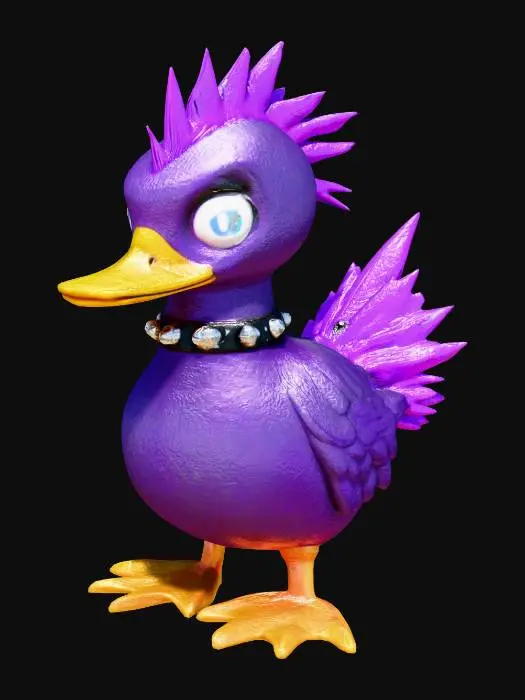 3D model for #3 – The Punk One
A spiky-feathered emo duck with purple streaks covering one eye, a studded collar, and a rebellious glare. Neon highlights, sharp edgy look.