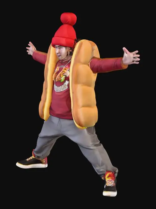 3D model for Mr.beast, in a A pose, but waving one hand with a flier in it. wearing a hotdog custom, you can see his face though, Super realistic, wearing air jordan shoes