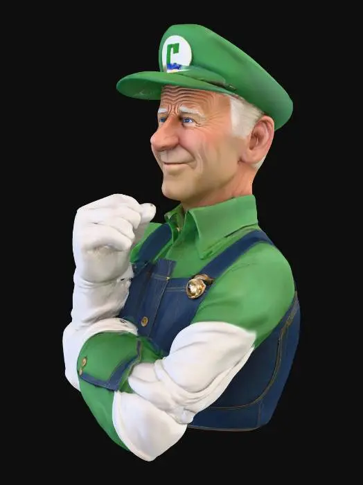 3D model for Ultra-realistic portrait of Joe Biden reimagined as Luigi in a cinematic, lifelike style. He wears a deep-green hat with an “L” emblem, green shirt, and blue denim overalls with polished metal buttons and white gloves. His face resembles Biden’s features with kind eyes, gentle smile, and subtle aging details; a thin mustache adds character. Lighting is bright yet balanced with soft shadows, realistic cloth textures, faint background blur, full-body heroic stance beside a subtle green glow, perfect proportions, 8K photorealistic realism, detailed skin and fabric, no text, cinematic atmosphere.
