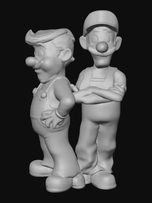 3D model for Ultra-realistic crossover portrait of Donald Trump as Mario and Joe Biden as Luigi, standing side by side like a live-action video-game duo. Trump wears a bright red hat with an embossed “M,” a detailed red shirt, blue overalls, white gloves, and a thick mustache. Biden wears a green “L” cap, green shirt, blue overalls, white gloves, and a thinner mustache. Both have expressive faces matching their real likenesses, cinematic studio lighting, warm tones, high-detail skin and fabric textures, heroic stance, slight grin, realistic proportions, full-body view, no text, 8K photorealistic render.