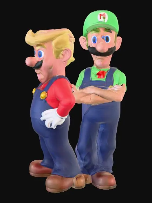 3D model for Ultra-realistic crossover portrait of Donald Trump as Mario and Joe Biden as Luigi, standing side by side like a live-action video-game duo. Trump wears a bright red hat with an embossed “M,” a detailed red shirt, blue overalls, white gloves, and a thick mustache. Biden wears a green “L” cap, green shirt, blue overalls, white gloves, and a thinner mustache. Both have expressive faces matching their real likenesses, cinematic studio lighting, warm tones, high-detail skin and fabric textures, heroic stance, slight grin, realistic proportions, full-body view, no text, 8K photorealistic render.