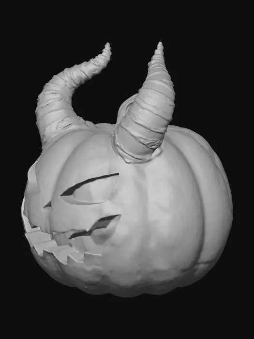 3D model for Leader Minumpkin (ESC Key)

Sculpt a small pumpkin creature head sized to sit atop a curved keycap. Give it a classic jack-o-lantern grin with deep carved grooves and slightly glowing eyes. Add two short, curved horns emerging from the upper sides of the head. The pumpkin surface should have subtle cracks and rough texture, like aged wood. Keep the underside flat to merge seamlessly with the keycap curve. Stylize with a bold, ShadowsForged look—gritty, mischievous, and slightly evil.