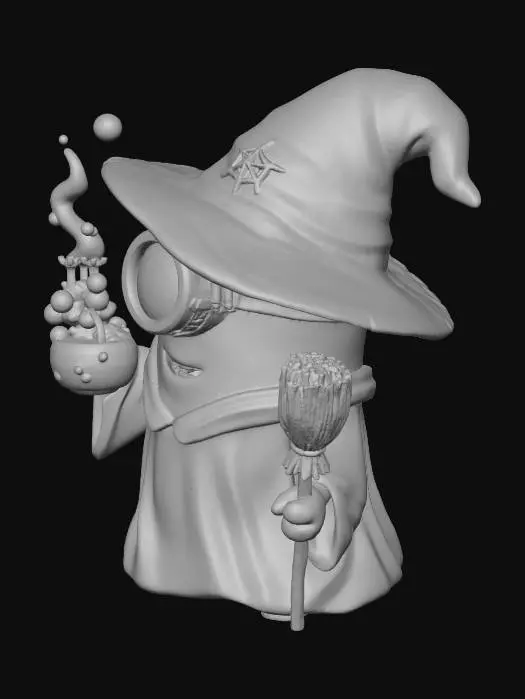 3D model for A cheerful Minion in a black witch robe and crooked hat, holding a bubbling potion bottle in one hand and a tiny broom in the other. Orange eye glow reflecting from potion light, flowing cloth folds, balanced pose for 3D printing, spooky-cute Halloween vibe.