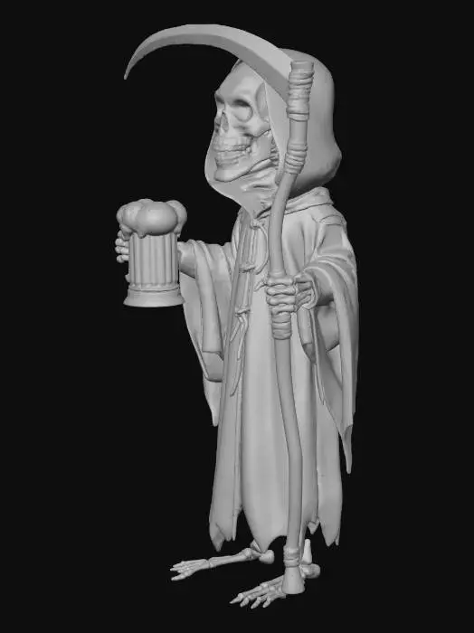 3D model for Create a full-body stylized skeleton Grim Reaper character in a Pixar-like aesthetic. The character should have a slightly oversized skull with expressive eye sockets and a mischievous grin. It wears a flowing, exaggerated hooded robe with deep folds and a floppy hood. In its right hand, it holds a large frothy beer mug with bubbly foam spilling over the rim. In its left hand, it grips a curved scythe with a clean silhouette and slightly bent wooden handle. The pose should be balanced and sculptable, with visible skeletal feet beneath the robe. No background or text — just the character, ready for 3D modeling