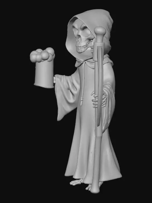 3D model for #Halloween2025#  
Create a full-body stylized skeleton Grim Reaper character in a Pixar-like aesthetic. The character should have a slightly oversized skull with expressive eye sockets and a mischievous grin. It wears a flowing, exaggerated hooded robe with deep folds and a floppy hood. In its right hand, it holds a large frothy beer mug with bubbly foam spilling over the rim. In its left hand, it grips a curved scythe with a clean silhouette and slightly bent wooden handle. The pose should be balanced and sculptable, with visible skeletal feet beneath the robe. No background or text — just the character, ready for 3D modeling