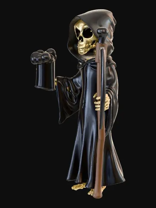 3D model for #Halloween2025#  
Create a full-body stylized skeleton Grim Reaper character in a Pixar-like aesthetic. The character should have a slightly oversized skull with expressive eye sockets and a mischievous grin. It wears a flowing, exaggerated hooded robe with deep folds and a floppy hood. In its right hand, it holds a large frothy beer mug with bubbly foam spilling over the rim. In its left hand, it grips a curved scythe with a clean silhouette and slightly bent wooden handle. The pose should be balanced and sculptable, with visible skeletal feet beneath the robe. No background or text — just the character, ready for 3D modeling