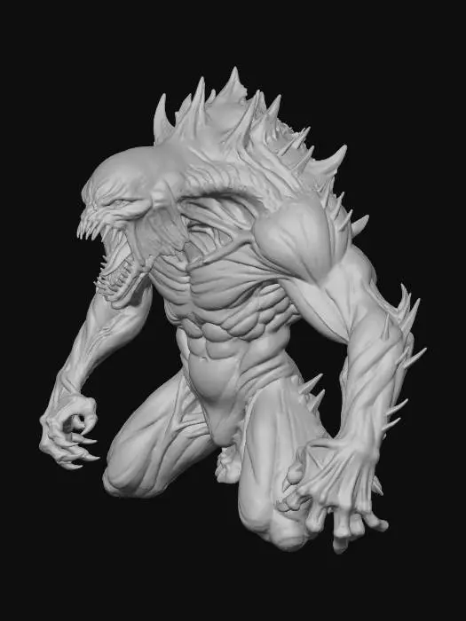 3D model for A towering demon, its skin a stretched, leathery canvas of dark purple and bruised black, devoid of eyes, its face a gaping maw of interlocking, obsidian teeth. It stalks through a landscape of impossibly sharp, jagged rock spires that pierce a perpetually storm-ravaged sky. Violent, orange lightning cracks across the horizon, illuminating rivers of dark, viscous ichor flowing across the ground.