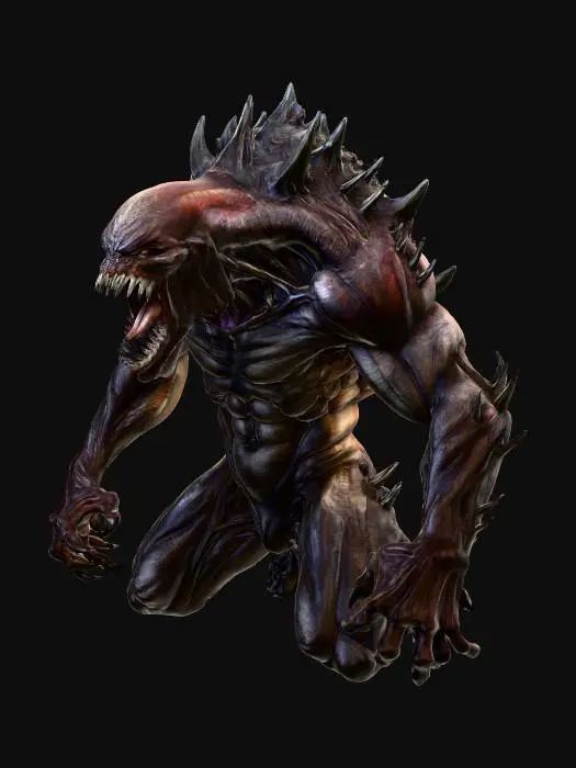 3D model for A towering demon, its skin a stretched, leathery canvas of dark purple and bruised black, devoid of eyes, its face a gaping maw of interlocking, obsidian teeth. It stalks through a landscape of impossibly sharp, jagged rock spires that pierce a perpetually storm-ravaged sky. Violent, orange lightning cracks across the horizon, illuminating rivers of dark, viscous ichor flowing across the ground.