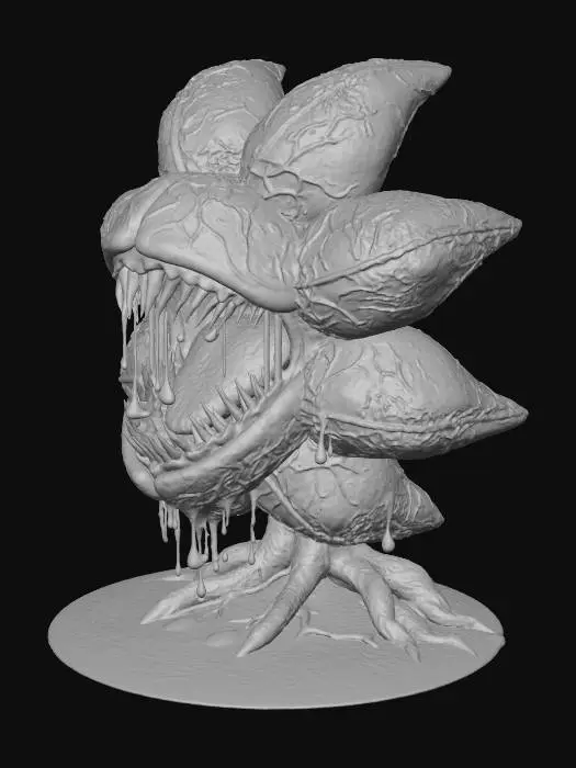 3D model for A massive, carnivorous plant, its gaping maw lined with jagged, black thorns and dripping with viscous, dark purple ichor. Its leathery, dark orange petals are veined with an unsettling network of capillaries, and it slowly pulsates, rooted in a bog of swirling, toxic mist. The air around it is thick with the scent of decay and unseen horrors.