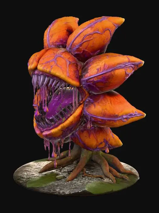 3D model for A massive, carnivorous plant, its gaping maw lined with jagged, black thorns and dripping with viscous, dark purple ichor. Its leathery, dark orange petals are veined with an unsettling network of capillaries, and it slowly pulsates, rooted in a bog of swirling, toxic mist. The air around it is thick with the scent of decay and unseen horrors.