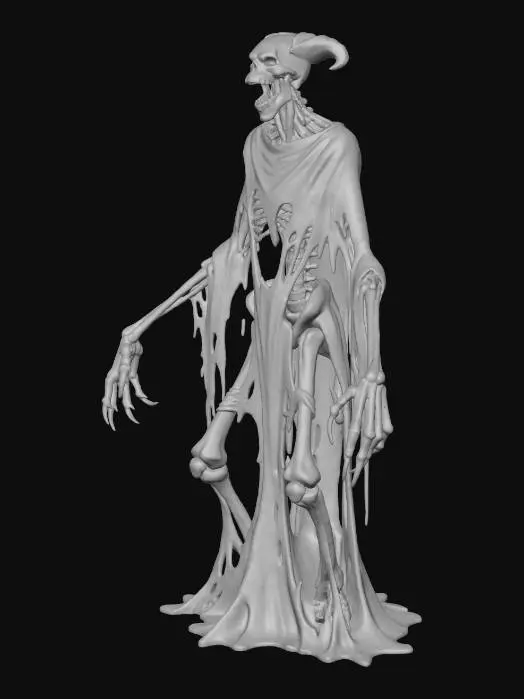 3D model for An ancient, skeletal demon, its long, emaciated limbs draped in tattered, spectral robes of dark purple that barely cling to its bone. Its head is a gnarled skull with empty, shadowed eye sockets, eternally locked in a silent scream. It presides over a desolate, warped city where buildings are impossibly twisted, made of solidified despair, under a sky bleeding orange and black.